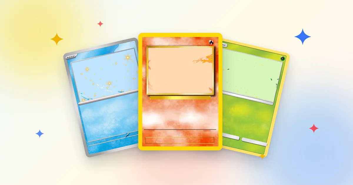 Three custom Pokémon card templates fanned out, showing a first-generation card, a Scarlet & Violet card and a Sun & Moon card